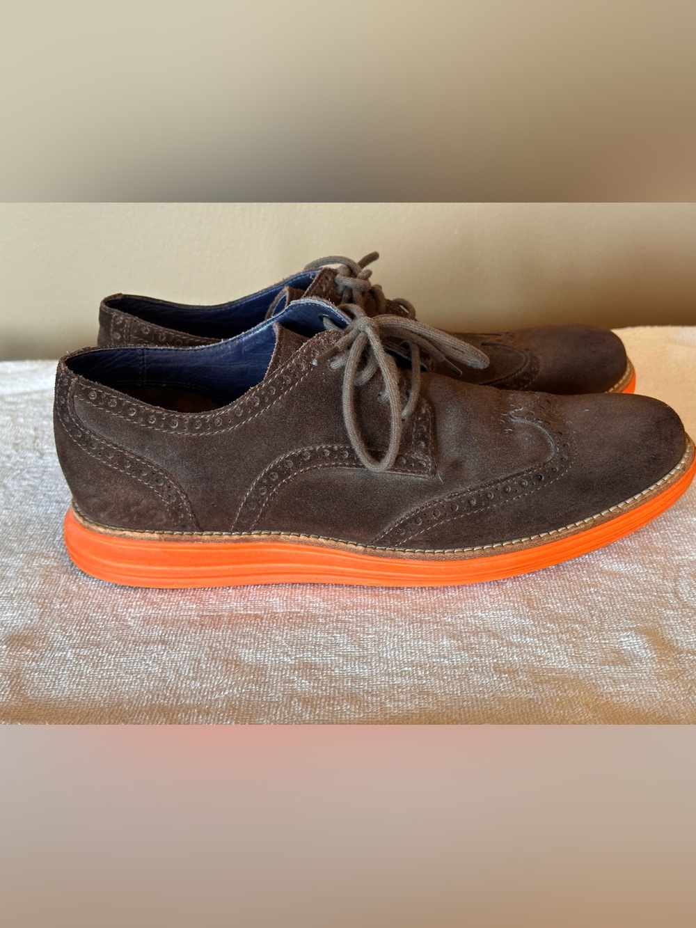 Cole Haan LunarGrand Suede Wingtip Oxford Shoes Brown Orange Sole Men’s Size 9.5